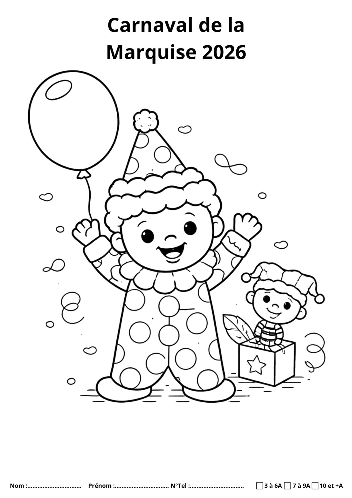 Dessin clown Carnaval de la Marquise 2026